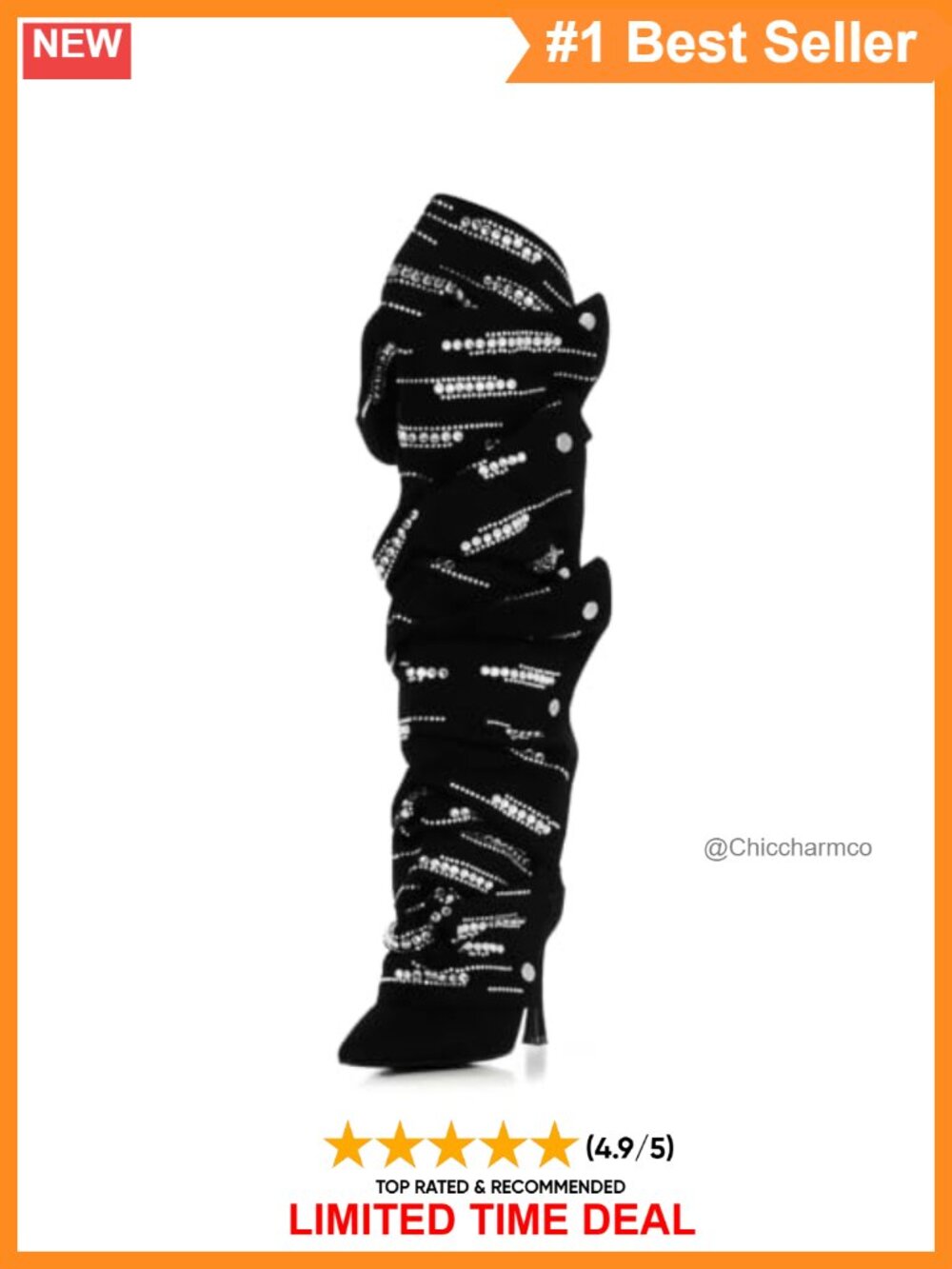 Rhinestone Fold-Over Stiletto Knee High Boots Pointed Toe Faux Suede